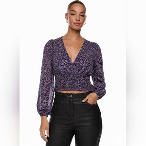 NWT Wilfred Aritzia Wistful Black Wildberry Purple Black Blouse Smocked Waist